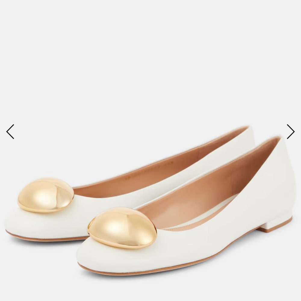 White Leather Sphere Ballet Flats with Gold Disc